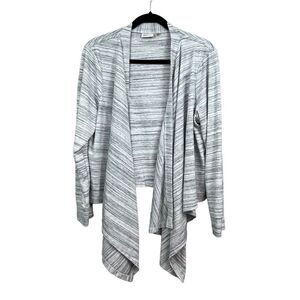 DKNY Draped Cardigan Sweater Collarless Open Front Striped Gray White Women L*